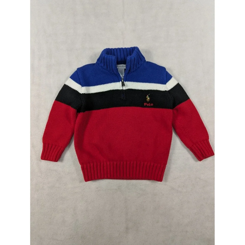 Polo Ralph Lauren Striped Kids Quarter Zip Pullover Sweater Flesh Pony
